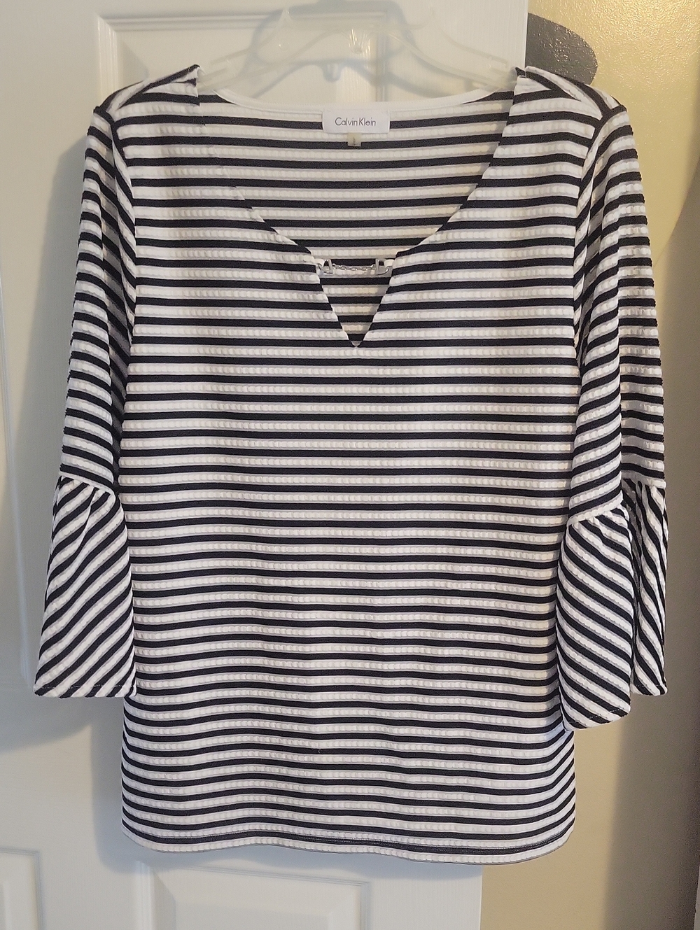 Calvin Klein SzLg Black & White Striped V-Notch Bell Sleeve Tunic